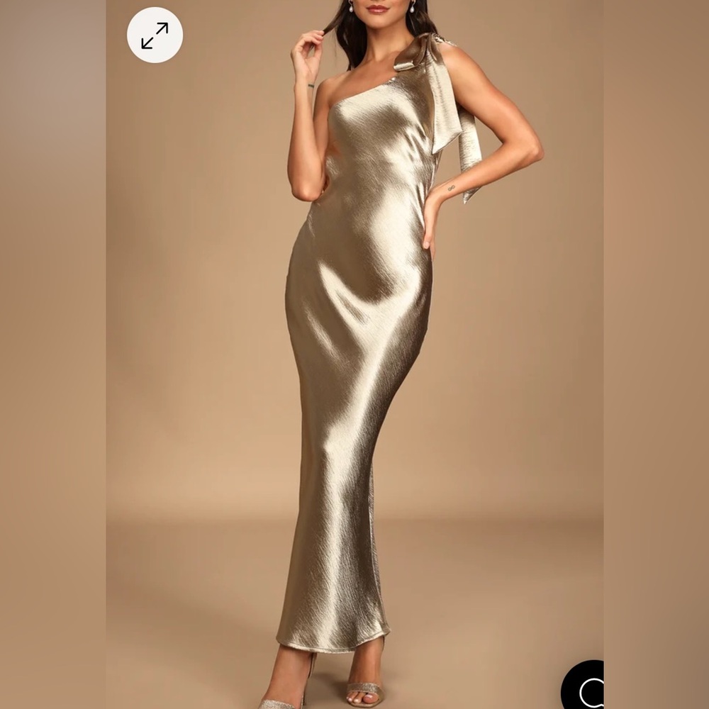 Lavish Looks Gold Satin One-Shoulder Tie-Strap Maxi Dress
